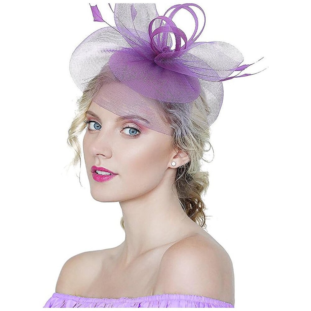 Mesh Feather Fascinators Hat Tea Party-purple